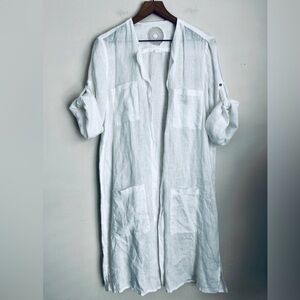 120% Lino White Linen Long Shirt Dress